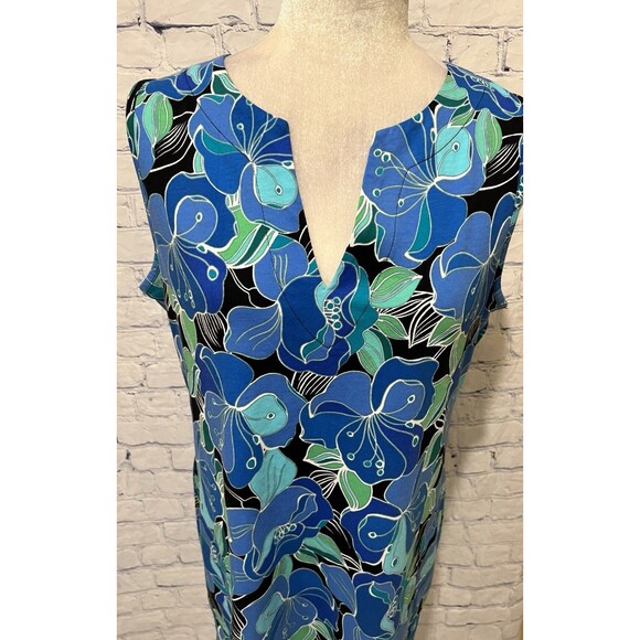 Lands' End Shift Dress Tropical Floral Pockets V Neck Cotton Medium - Picture 2 of 8